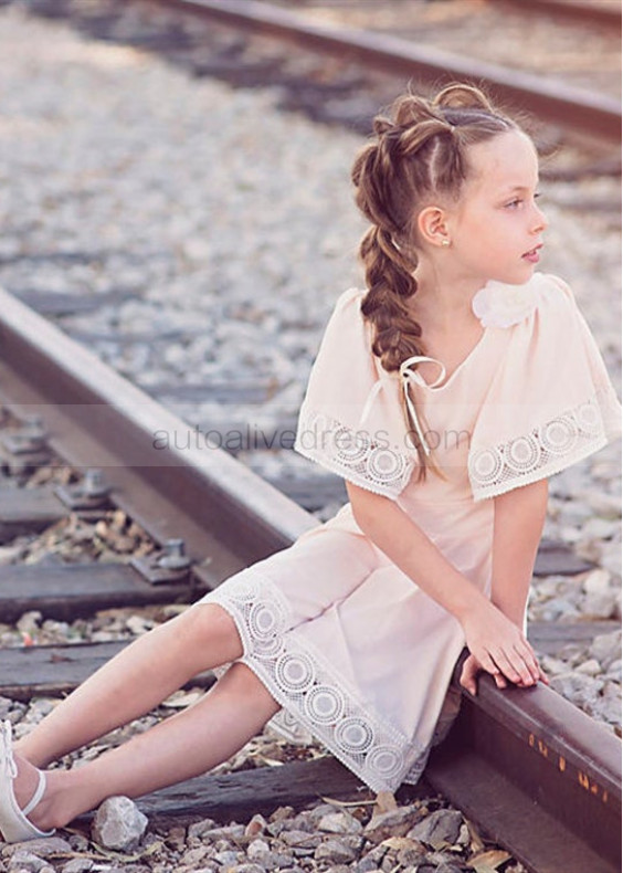 Flutter Sleeve Blush Pink Lycra Lace Short Flower Girl Dress